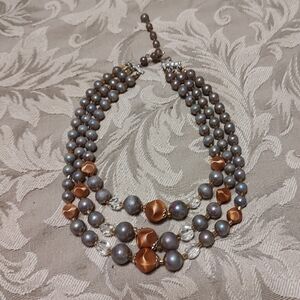 🤎 Spectacular Vintage Copper-Sienna and Silver-Grey Abstract Beaded Necklace